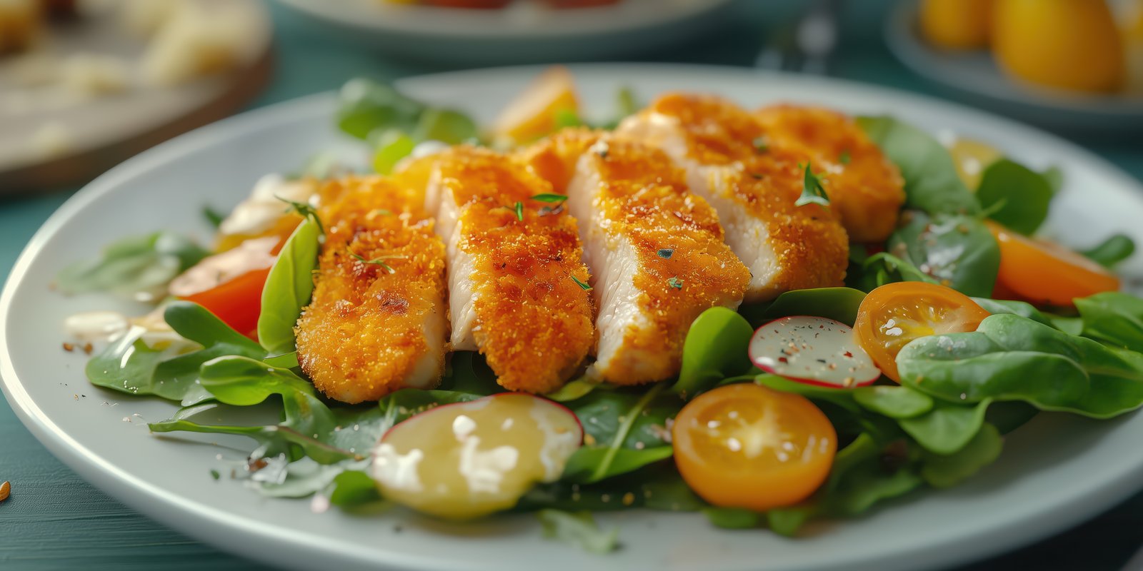 Crispy chicken salad with fresh vegetables served on a white plate in a cozy restaurant setting